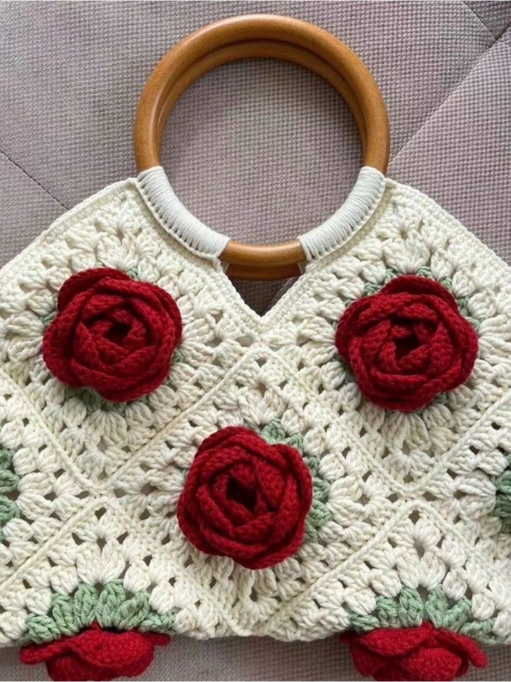 Cream Crochet Handbag with Red Rose Appliqués and Wooden Handles